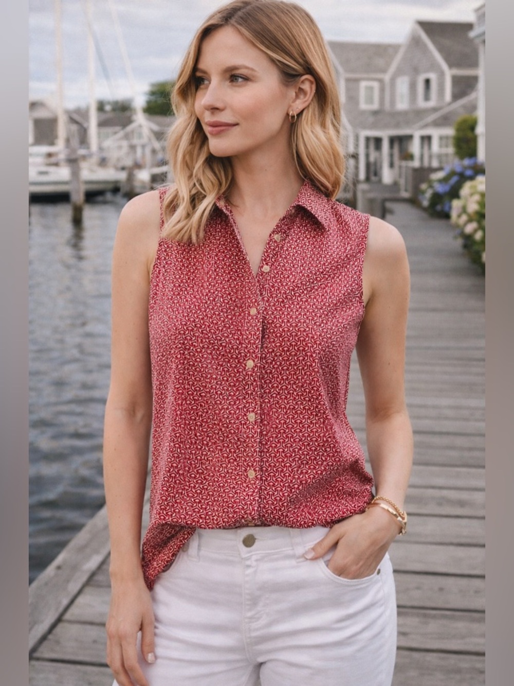 Talbots Petite Red Geometric Sleeveless Button Blouse Size 6P Wrinkle Resistant
